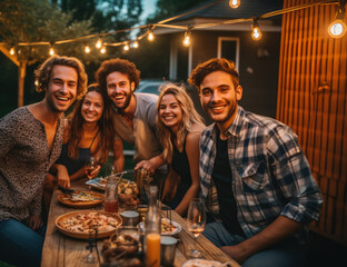 Young people dining and having fun drinking red wine together outdoor at  dinner party