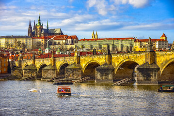 Cityscape of Prague with medieval towers and colorful buildings, Czech Republic