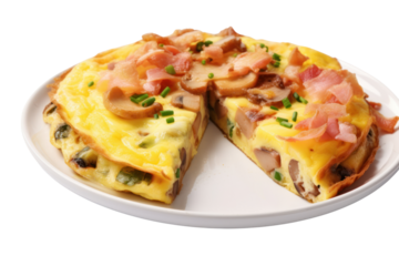Thin, crispy omelet with mushrooms, ham and cheese, cut into bite-sized pieces. Isolated on a transparent background.