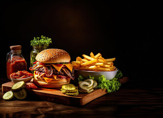 Craft beef burger and french fries on wooden table isolated on dark background.. delicious