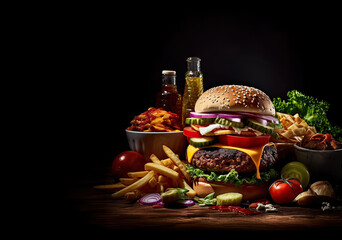 Craft beef burger and french fries on wooden table isolated on dark background.. delicious