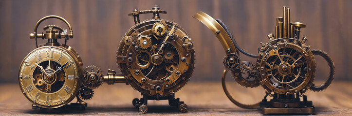 Steampunk Clockwork: An intricate mechanism blending gears, cogs, vintage brass elements, evoking Victorian-era technology. Generative AI - 756641462