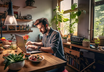 man ues laptop with healthy blog online social media content, food blogging, working online, content creator, health, blogger, technology, weblog, wellness, man reading healthy blog online at home