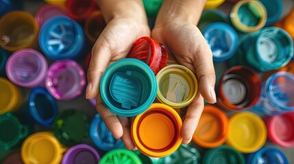 Hands holding a handful of colorful plastic bottle lids. Materials for recycling. Environmental concept. Vibrant plastic lids, ready for recycling. - obrazy, fototapety, plakaty