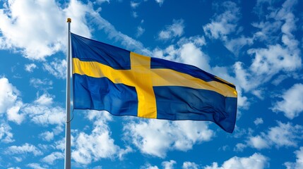 Sweden flag waving in the wind. Swedish national country flag on blue sky background