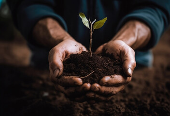 Farming with your bare hands.Close up of a person hands planting seedlings in soil. background