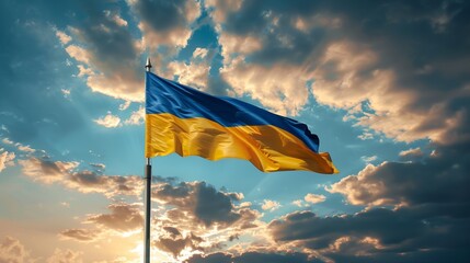 Ukraine flag waving in the wind. Ukrainian national flag of country on blue sky background