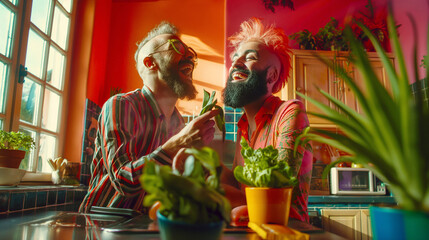 Two happy gay men cooking in the kitchen