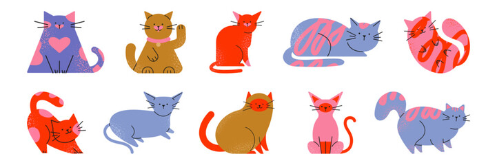 A collection of cute cartoon character cats of different colors with grainy texture in a modern style. Flat doodle style. Vector illustration.