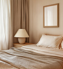 Minimalist cozy home bedroom with mockup poster frame