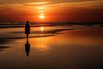 walking at a beach in the sunrise.Beautiful sunrise over the sea.Background