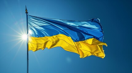 Ukraine flag waving in the wind. Ukrainian national flag of country on blue sky background