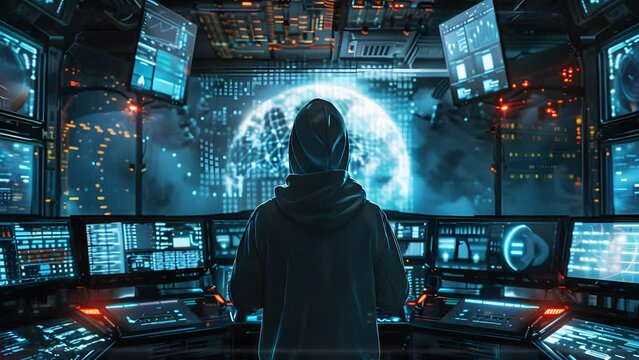 Individual in hooded jacket focused on computer screen depicted across four unique contexts. Seamless Looping 4k Video Animation
