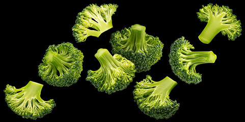 Falling broccoli on black background - 756641804
