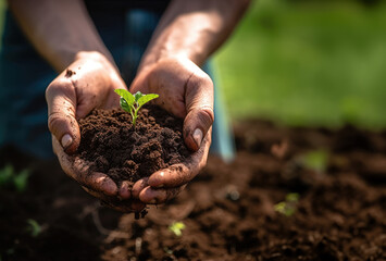 Farming with your bare hands.Close up of a person hands planting seedlings in soil. background