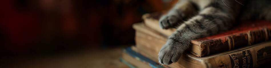 Close-up of tabby cat paws on a stack of vintage books. Selective focus with blurred background. Reading and education concept. Design for bookmark or banner with copy space.