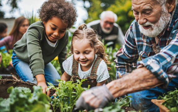 Diverse african american family of different generations working and gardening together in a family garden in the backyard