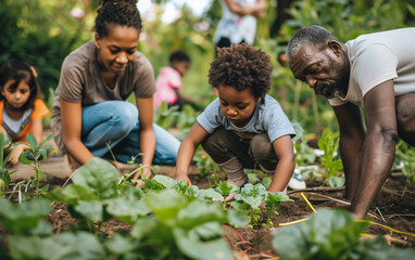 Diverse african american family of different generations working and gardening together in a family garden in the backyard