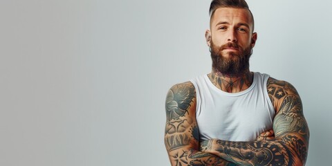 Place for text. Brutal young man with tattoos on his body on a white background. Suitable for...