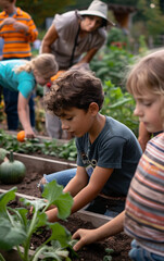 Happy family of different generations working and gardening together in a family garden in the backyard