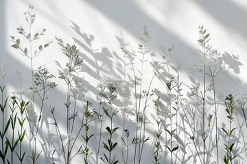 A tranquil scene capturing the intricate shadows of slender flowers cast onto a wall by soothing sunlight