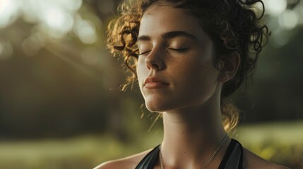 yoga meditation with a close-up view of a woman in deep contemplation - obrazy, fototapety, plakaty
