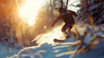  A snowboarder is engaged in freeriding. Gliding down the mountain, a freeride journey of pure joy.
