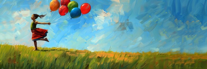 Joyful girl with balloons frolicking through lush meadow and azure sky, generative AI