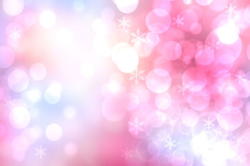 Abstract blurred festive light red pink white winter christmas or Happy New Year background texture with white bokeh circles and stars. Card concept.