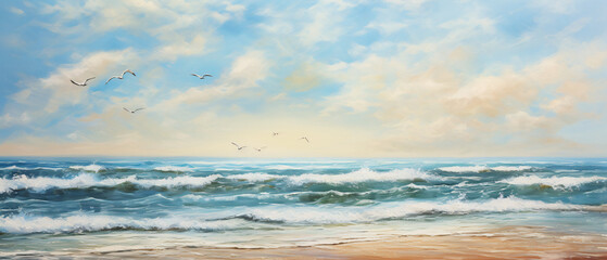 An oil painting of a serene seascape with calm waters