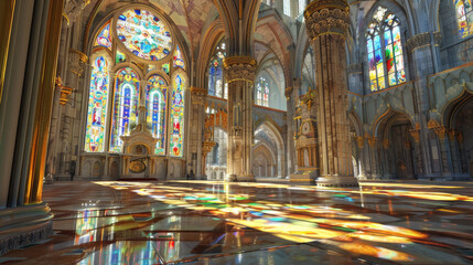 Obraz premium interior of a cathedral with beautiful stained-glass windows 