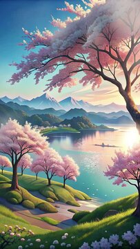 cherry blossom garden on the edge of the lake with a mountain in the background