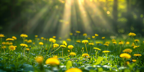 Obraz premium A serene scene of yellow dandelions illuminated by radiant sunbeams