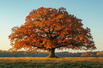 A splendid oak tree showcases its fiery autumn foliage under the warm glow of the setting sun