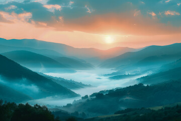 A serene sunrise view of a foggy mountain valley with winding roads and lush greenery - obrazy, fototapety, plakaty