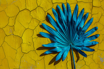A bold blue tropical leaf stands out vividly against a textured yellow background