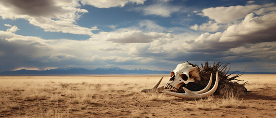 Animal skull in the steppe on the background of clouds