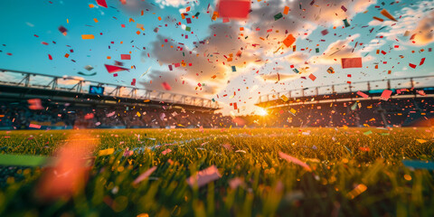 Vibrant confetti rains down on a stadium field as the setting sun bathes the scene in golden light