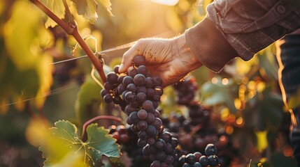 Ripe grapes on vine being harvested by worker hands - obrazy, fototapety, plakaty