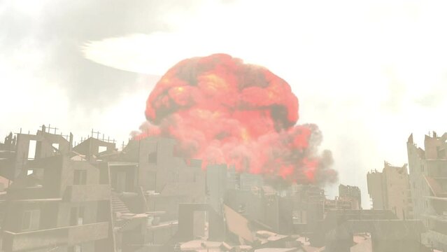 atom bomb rising behind destroyed city
Cinematic view of Apocalyptic destroyed city, 4K,2024
