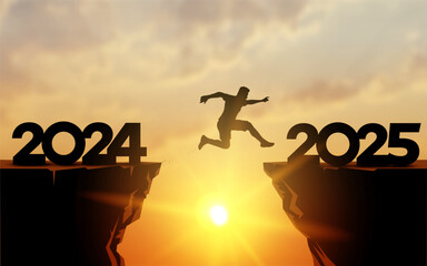Welcome Merry Christmas in 2025. A young man jump between 2024 and 2025 years over the sun and through on the gap of hill silhouette evening colorful sky. Happy new year. Vector illustration.