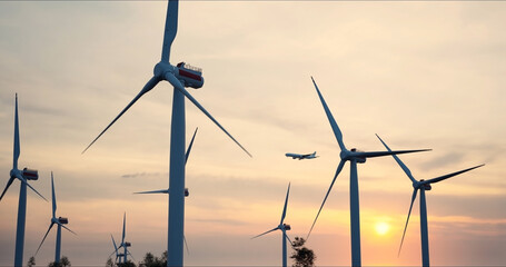Large wind turbine rotating blades of in field against background of orange sunset on horizon with bright disk sun . Large passenger airplane, airliner landing at the airport runway.