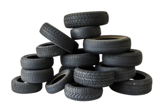 a neatly stacked pile of used car tires isolated on a transparent background