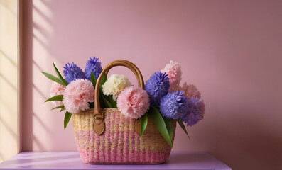 Fototapeta na wymiar Straw Bag with Spring Blossom Flowers
