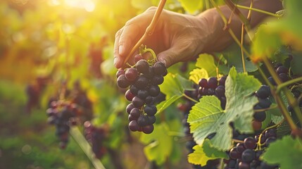Wine farmer hands picking grapes from vineyard