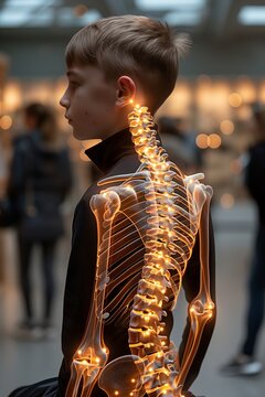 Sitting boy. View semi from behind semi in profile. Upper part of human body x-ray, full spine, shoulder and elbow joints, arm bones in yellow illuminated tone. For webpage, banner and etc.
