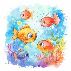 Fototapeta premium Cute cartoon fishes on watercolor background