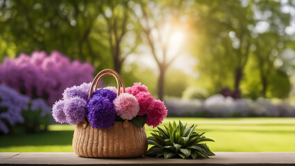 Straw Bag with Spring Blossom Flowers