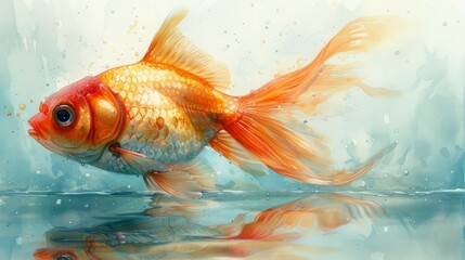 Goldfish on a white background. Watercolor painting of a goldfish. Copy space for text