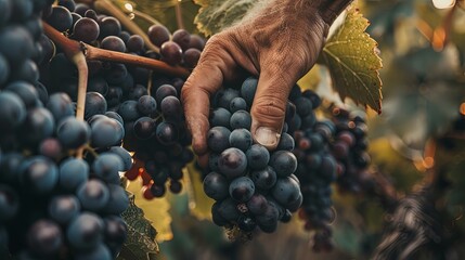 Wine farmer hands picking grapes from vineyard